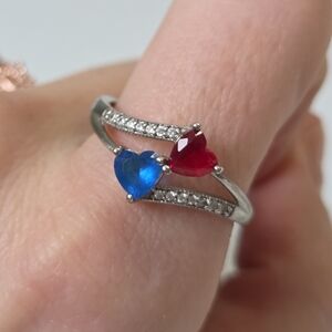 Charmed Aroma Small Ruby Red + Sapphire Blue Dual Hearts 925 Sz 9 You+Me
